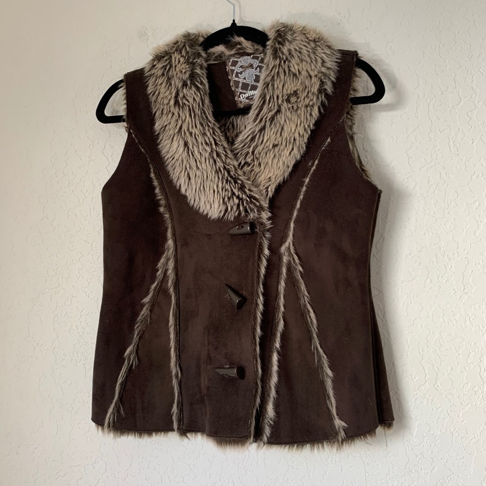 Dollhouse Faux Suede Vest Womens XS Brown Fur Trim Toggle Y2K Penny‎ Lane Boho